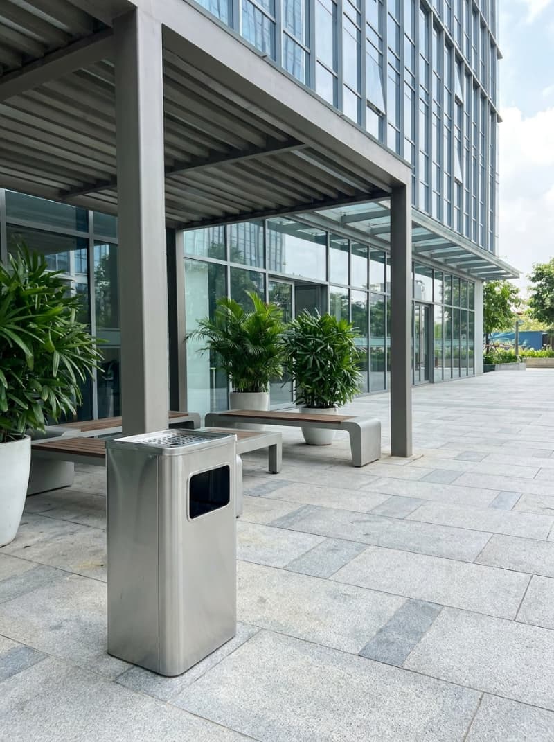 Bố trí thùng rác inox gạt tàn ở khu vực hút thuốc giúp đảm bảo vệ sinh và an toàn cháy nổ.