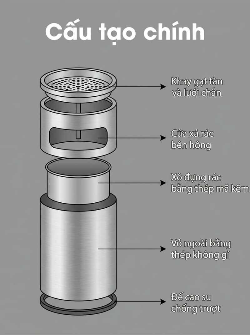 Các chi tiết cấu tạo quan trọng của thùng rác inox gạt tàn cần kiểm tra trước khi mua.
