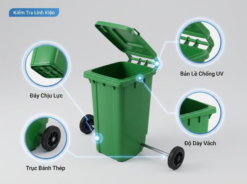 Các linh kiện then chốt như bánh xe, trục thép và đáy thùng cần kiểm tra kỹ trước khi mua.