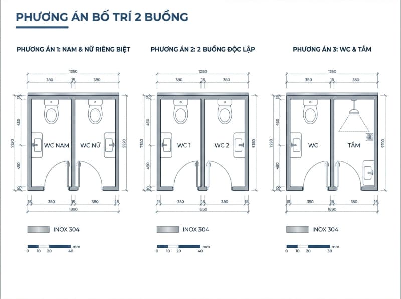 Nhà vệ sinh inox công cộng 2 buồng 7 Các phương án bố trí công năng linh hoạt cho cabin nhà vệ sinh inox 2 buồng.