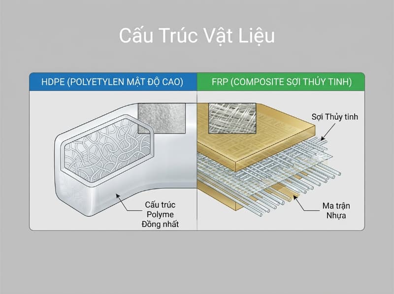 Cấu trúc hạt nhựa nhiệt dẻo HDPE chịu lực và composite FRP gia cường sợi thủy tinh.