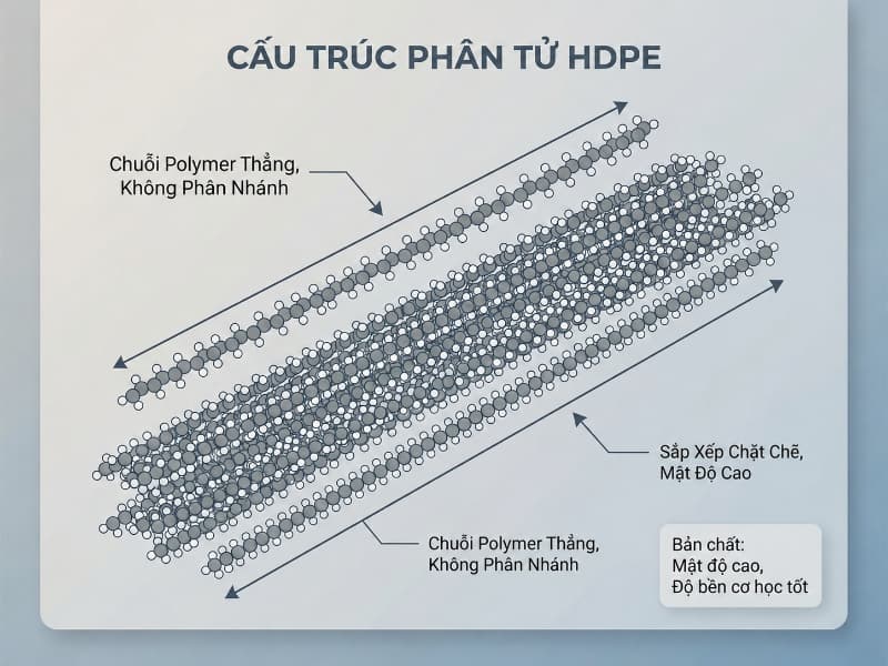 Cấu trúc phân tử sắp xếp chặt chẽ giúp nhựa HDPE đạt độ cứng và khả năng chịu lực vượt trội.