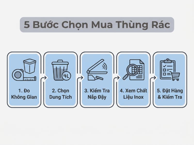 Đồ họa checklist 5 bước hỗ trợ đo vị trí và chọn đúng thông số thùng rác inox vuông.