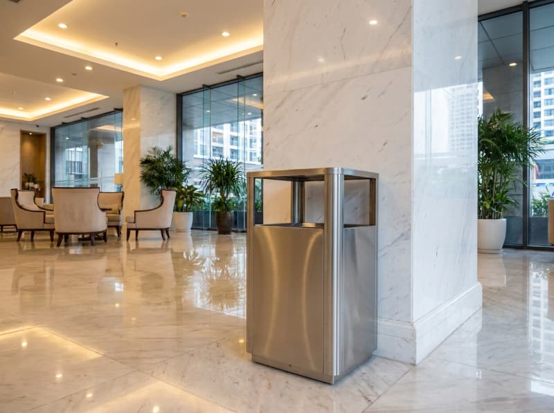 Kiểu dáng thùng rác inox vuông hài hòa giúp duy trì sự sạch sẽ và thẩm mỹ cho sảnh khách sạn.