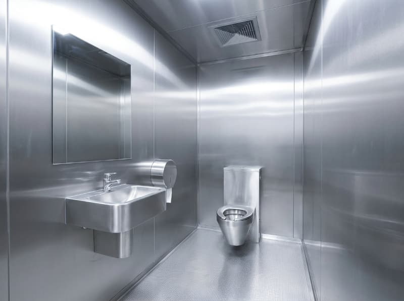 Nhà vệ sinh inox công cộng 2 buồng 8 Nội thất nhà vệ sinh inox 2 buồng trang bị đầy đủ thiết bị vệ sinh cao cấp.