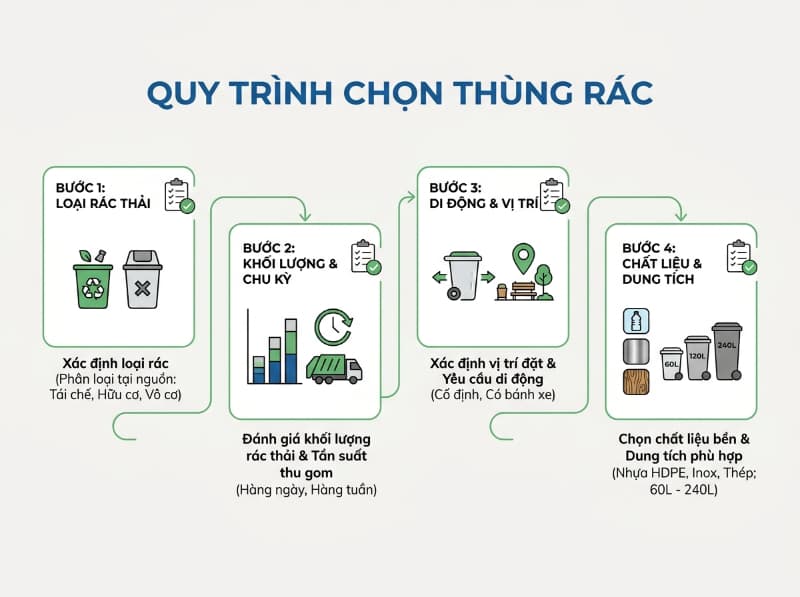 Quy trình checklist giúp lựa chọn đúng các loại thùng rác công cộng theo dung tích và chu kỳ thu gom.