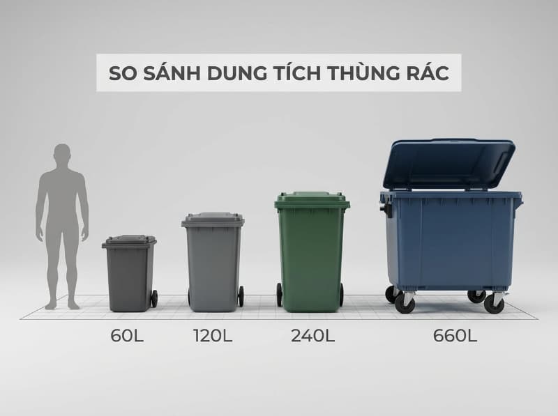 Sơ đồ dung tích giúp đối chiếu lượng rác thực tế với các loại thùng rác công cộng từ 60L đến 660L.