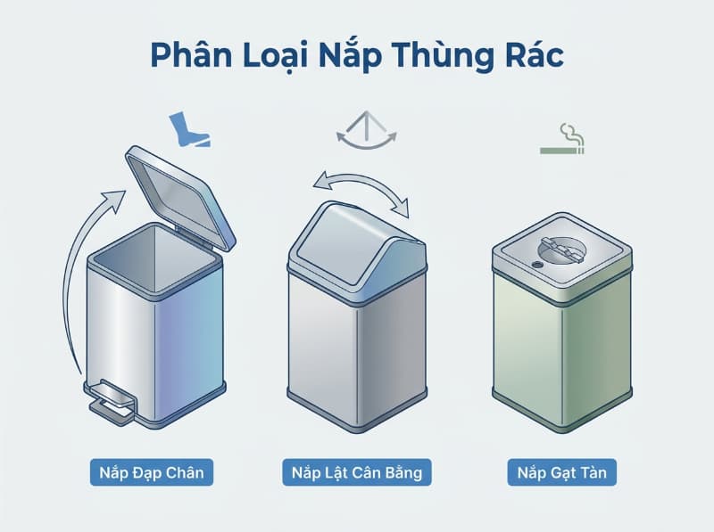 Sơ đồ phân loại nắp thùng rác inox vuông giúp dễ dàng chọn đúng mẫu theo từng khu vực.