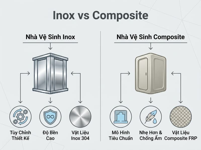 Nhà vệ sinh inox công cộng 2 buồng 10 So sánh độ bền và khả năng tùy biến giữa nhà vệ sinh inox và composite.