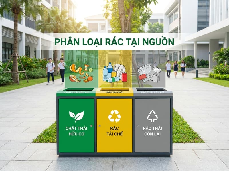 Thùng phân loại rác 3 ngăn giúp tách dòng rác tái chế, thực phẩm và rác sinh hoạt ngay tại nguồn.