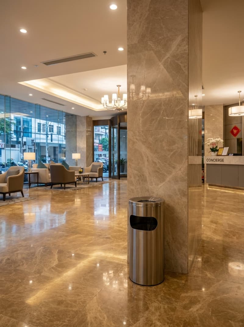 Thùng rác inox gạt tàn cao cấp bố trí tại sảnh tòa nhà, giúp thu gom rác và giữ không gian sang trọng.