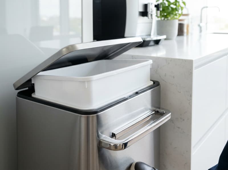 Thùng rác inox vuông đạp chân hỗ trợ bỏ rác nhanh không cần chạm tay, rất tiện cho pantry.