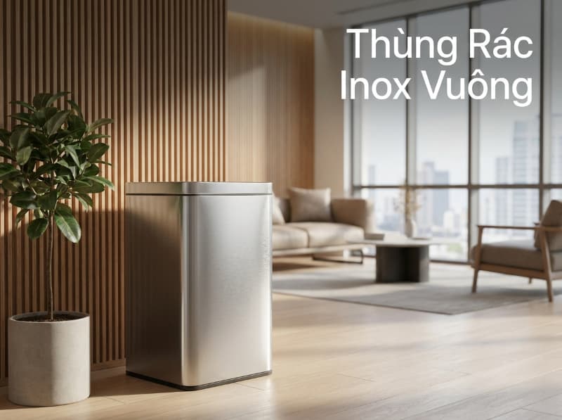 Thùng rác inox vuông góc cạnh tinh tế, bề mặt chống bám vân tay phù hợp cho văn phòng hiện đại.