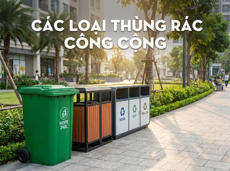 Tổng quan các loại thùng rác công cộng phổ biến, từ nhựa HDPE bánh xe đến thùng kim loại cảnh quan ngoài trời.