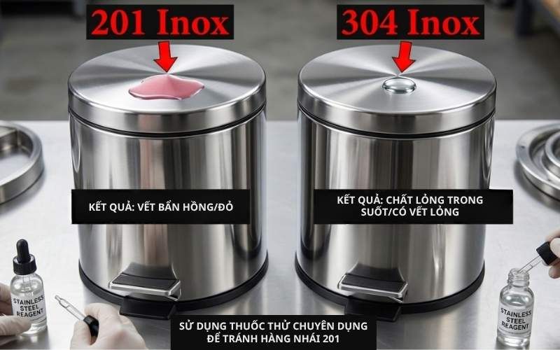 Phân biệt inox 201 và inox 304 bằng thuốc thử Molybdenum, bề mặt inox 201 lập tức chuyển sang màu đỏ gạch.
