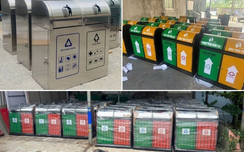 Mẫu thùng rác công cộng 2 ngăn: Inox và giả gỗ tại CNC Thành Đạt