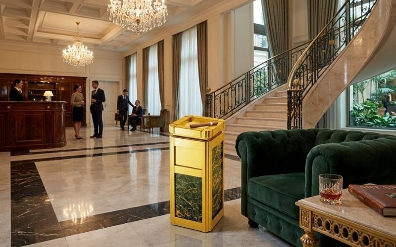Thùng rác gạt tàn ốp đá hoa cương mạ vàng nâng tầm đẳng cấp cho không gian tiền sảnh khách sạn 5 sao