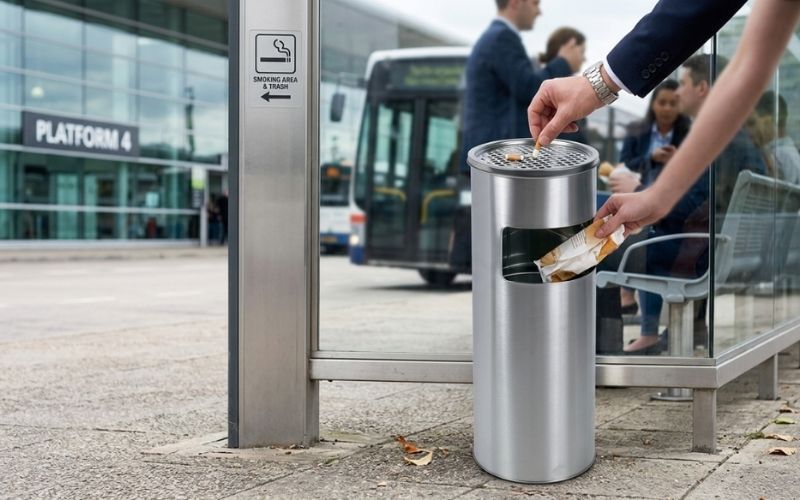 Thùng rác inox có khay gạt tàn chuyên dụng cho sảnh chờ ngoài trời