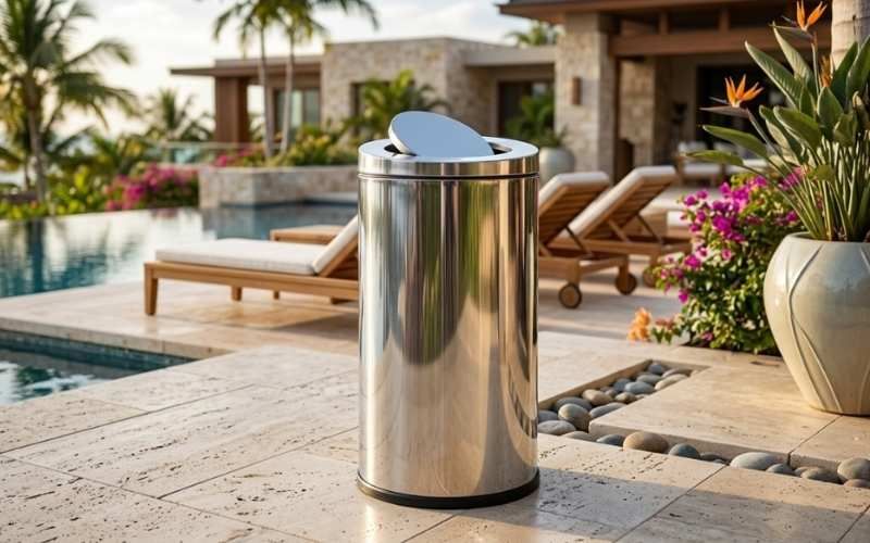 Thùng rác nắp lật | Cấu tạo, phân loại và kích thước chuẩn 5 Thùng rác nắp lật 60 lít cỡ đại bằng inox phục vụ thu gom rác tại khu nghỉ dưỡng.