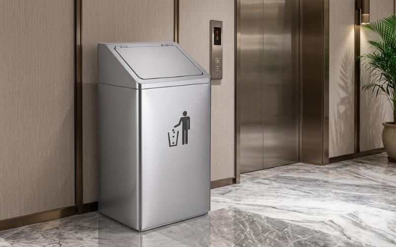 Thùng rác inox nắp bập bênh cỡ đại dành cho cửa thang máy của sảnh khách sạn