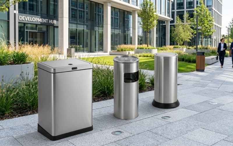 Các mẫu thùng rác inox ngoài trời cao cấp được CNC Thành Đạt gia công và lắp đặt thực tế tại khuôn viên dự án khu đô thị.