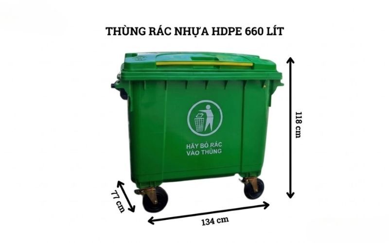 Thùng rác công cộng 660L có thiết kế miệng tương thích với ngàm gắp thủy lực của xe thu gom rác môi trường.