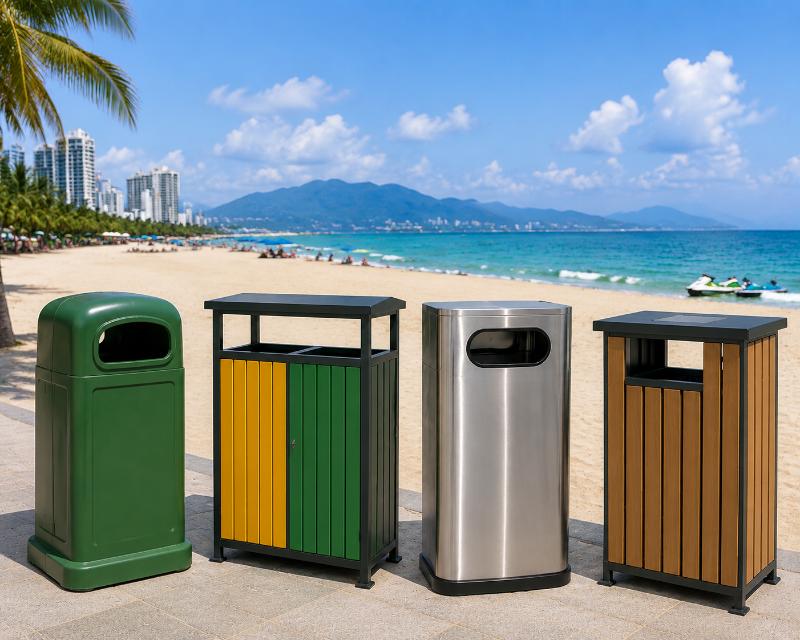 Thùng rác công cộng bãi biển bằng nhựa, inox và giả gỗ đáp ứng nhiều nhu cầu sử dụng
