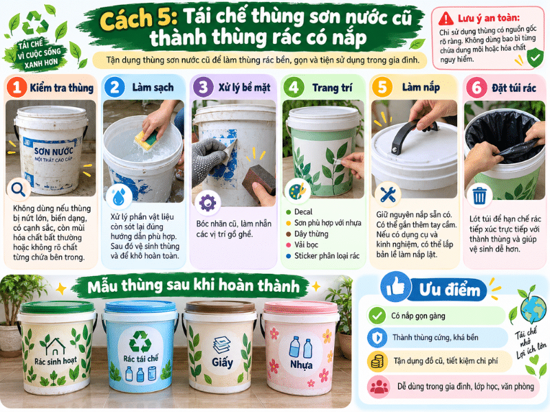 Tái chế thùng sơn nước cũ thành thùng rác có nắp