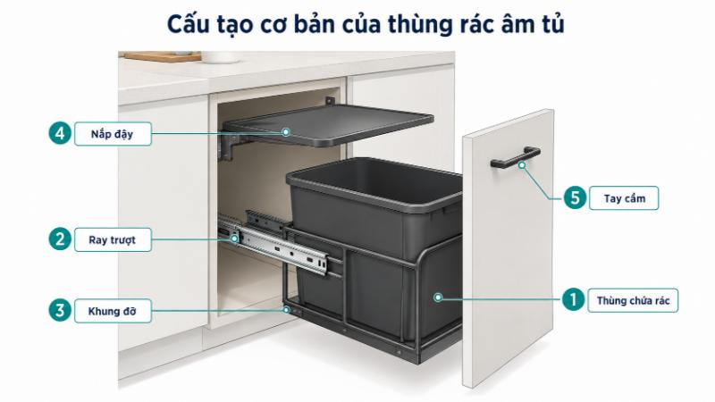 Cấu tạo cơ bản của thùng rác âm tủ gồm thùng chứa, ray trượt, khung đỡ, nắp đậy và tay cầm