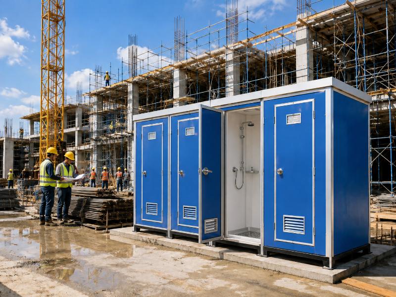 Nhà tắm di động nhiều buồng được lắp đặt tại công trường, đáp ứng nhu cầu sử dụng cho số lượng lớn công nhân 