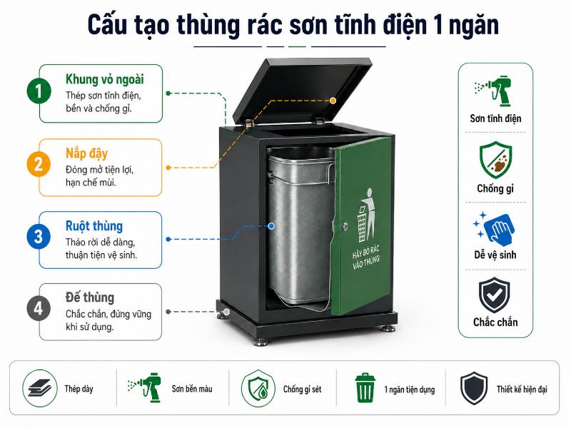 Cấu tạo thùng rác sơn tĩnh điện 1 ngăn gồm khung vỏ, nắp đậy, ruột thùng và chân đế