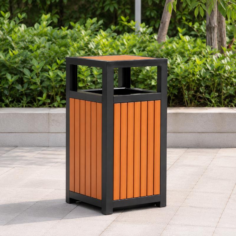 Thùng rác sơn tĩnh điện 1 ngăn giả gỗ phù hợp công viên và khu đô thị