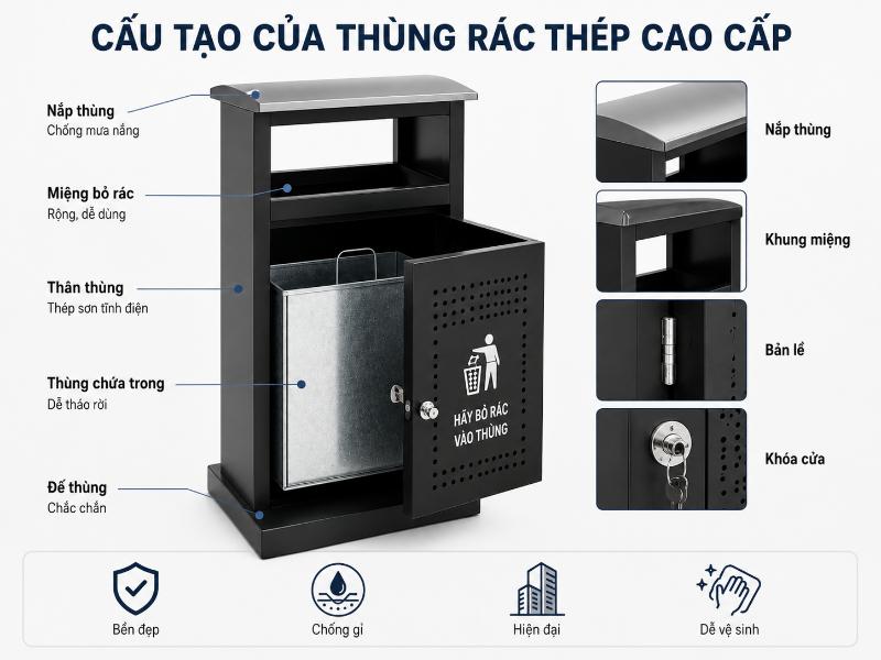Thùng rác thép cao cấp: Mẫu đẹp, bền chắc và giá tốt 5 Cấu tạo thùng rác thép cao cấp gồm nắp, thân thùng, ruột chứa và đế chắc chắn