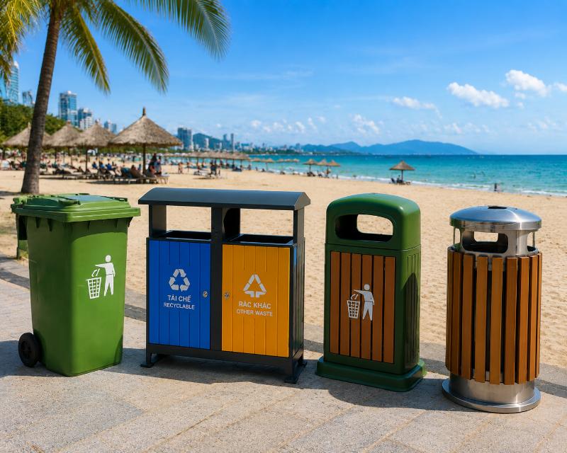 Thùng rác công cộng bãi biển đa dạng kiểu dáng, phù hợp bố trí dọc lối đi ven biển