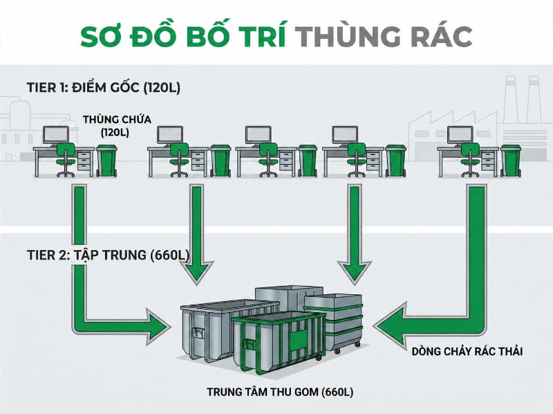 Bố trí thùng rác công nghiệp 2 tầng giúp gom rác tại chỗ và tối ưu vận chuyển về điểm tập kết.