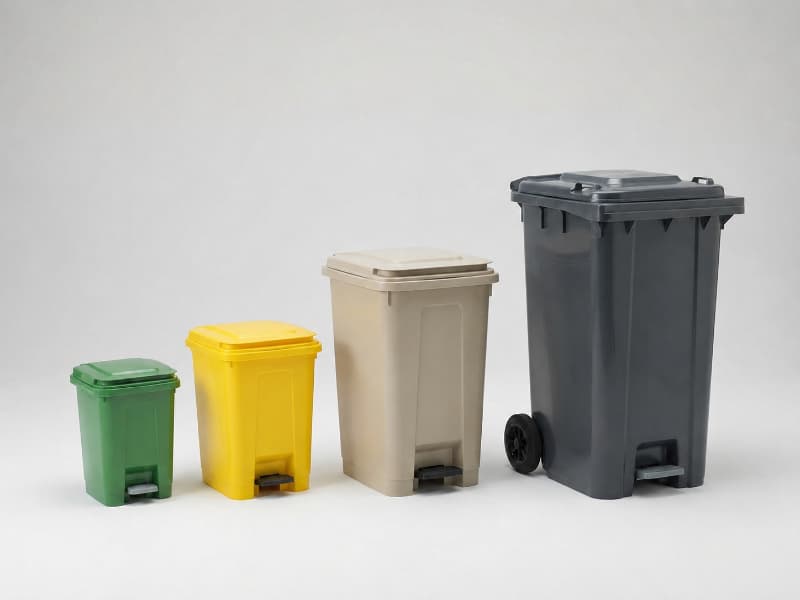 Các kích thước thùng rác nhựa đạp chân phổ biến, phù hợp cho gia đình, văn phòng và khu công nghiệp.