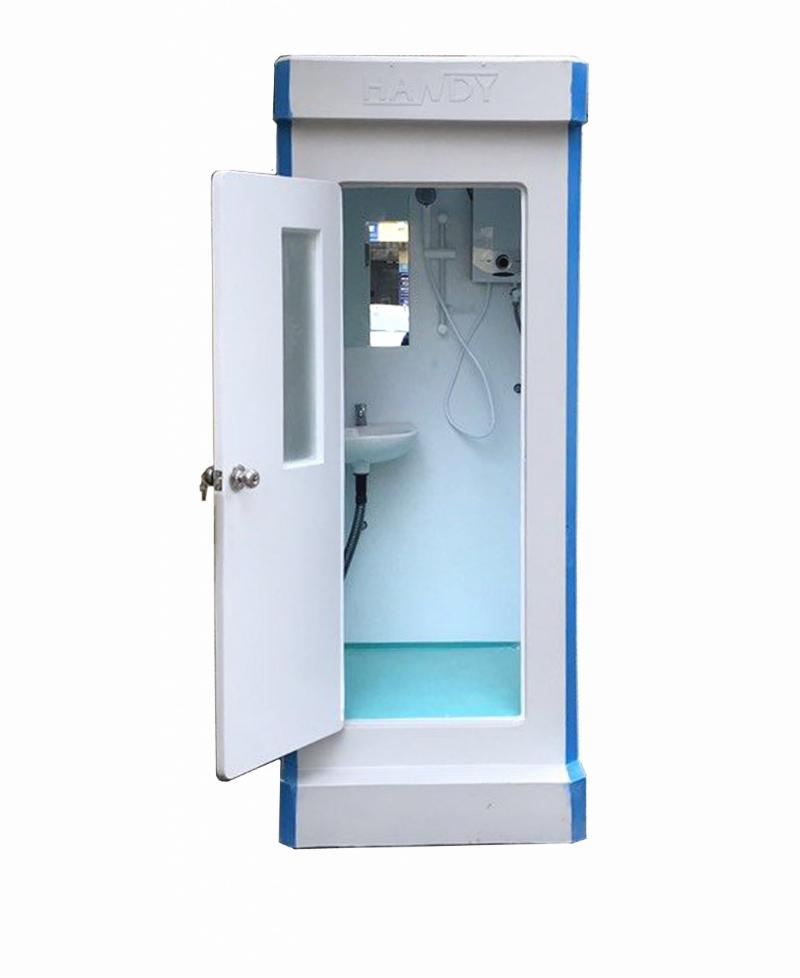 Nhà tắm di động cabin đơn có vòi sen, lavabo và bình nước nóng, phù hợp cho công trường và khu tạm trú 