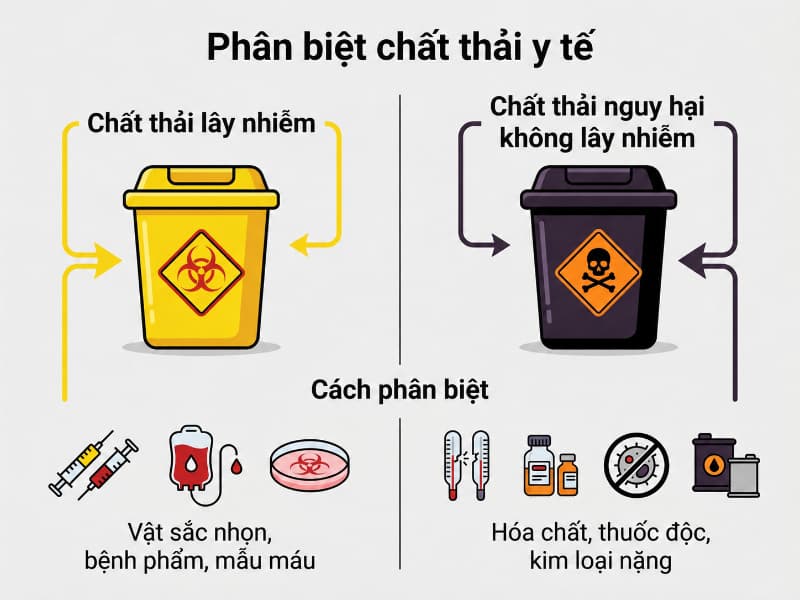 Phân biệt chất thải nguy hại không lây nhiễm (túi đen) và chất thải lây nhiễm (túi vàng).