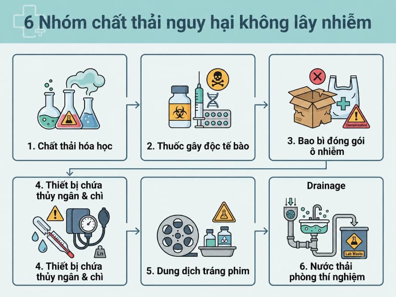Sơ đồ 6 nhóm chất thải nguy hại không lây nhiễm cần quản lý nghiêm ngặt.