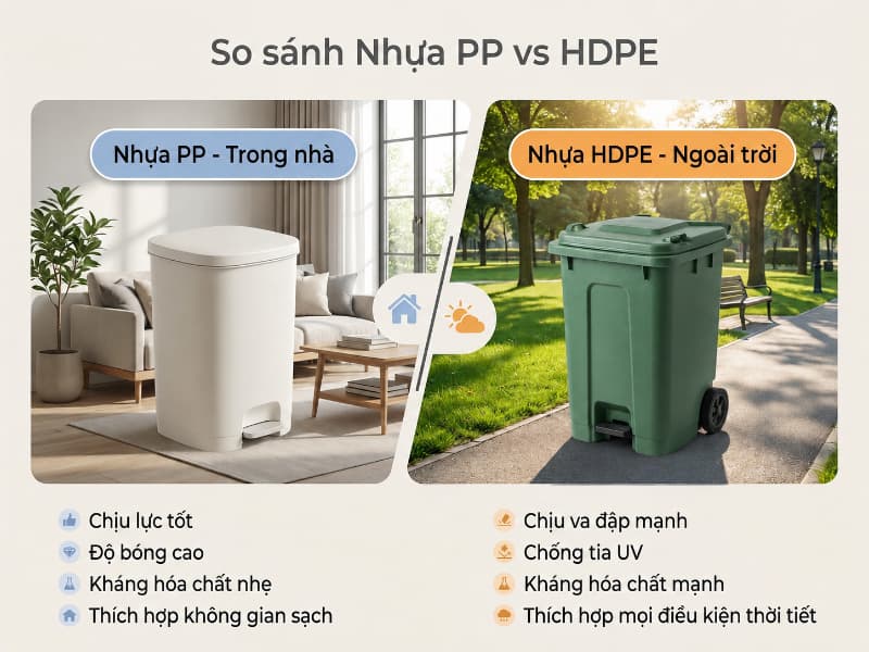 So sánh ưu điểm giữa thùng rác nhựa PP dùng trong nhà và nhựa HDPE chịu lực ngoài trời.