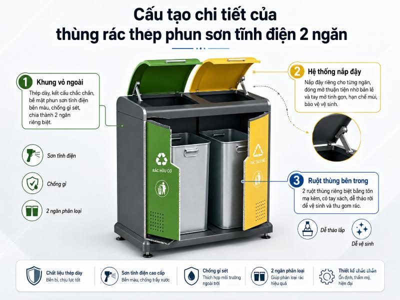 Cấu tạo thùng rác sơn tĩnh điện 2 ngăn với khung thép chắc chắn và ruột thùng riêng biệt