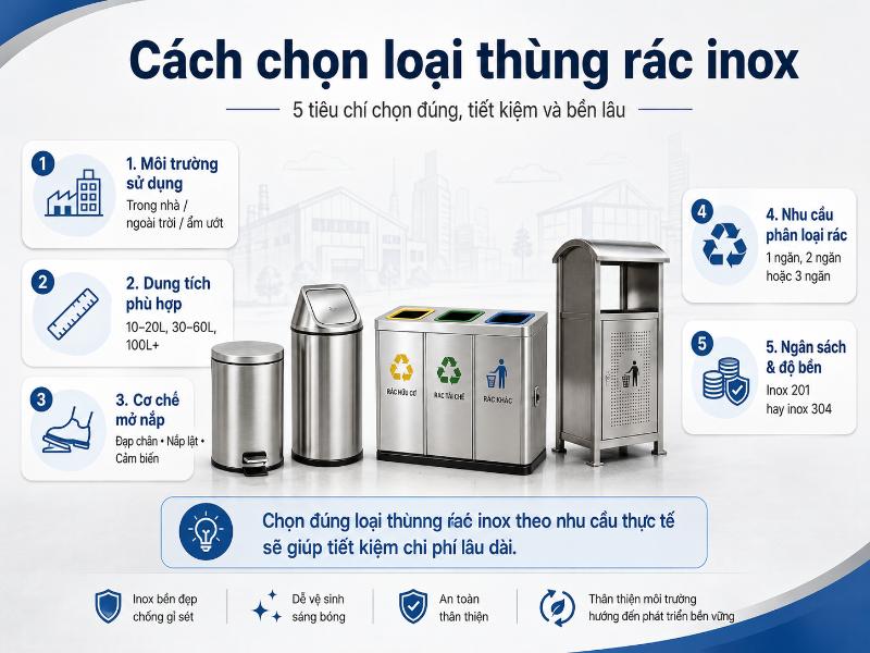 Để tối ưu chi phí, nên chọn thùng rác inox dựa trên các tiêu chí về môi trường, dung tích, cơ chế mở và nhu cầu phân loại.
