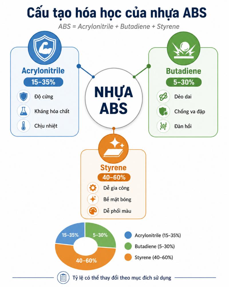Cấu tạo hóa học và tỷ lệ thành phần của nhựa ABS