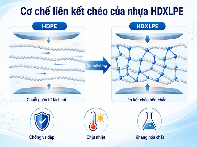 Mô phỏng mạng lưới phân tử ba chiều của nhựa HDXLPE giúp ngăn chặn sự biến dạng khi chịu tác động cơ học và nhiệt độ.