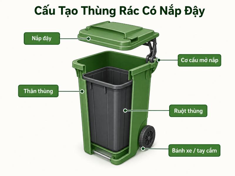 Cấu tạo Thùng Rác Có Nắp Đậy gồm nắp, thân thùng, ruột thùng, cơ cấu mở và bánh xe