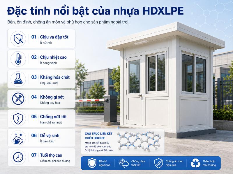 Nhờ đặc tính chống gỉ sét và chịu nhiệt tốt, cabin nhựa HDXLPE luôn bền bỉ trước mọi điều kiện thời tiết khắc nghiệt.