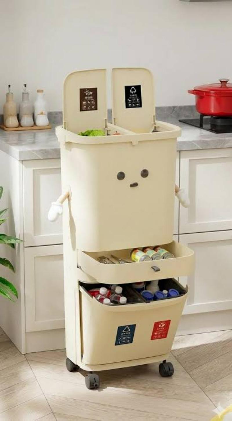 Thùng Rác 3 Tầng thiết kế nắp đôi, ngăn kéo và ngăn dưới phù hợp phân loại nhiều loại rác 