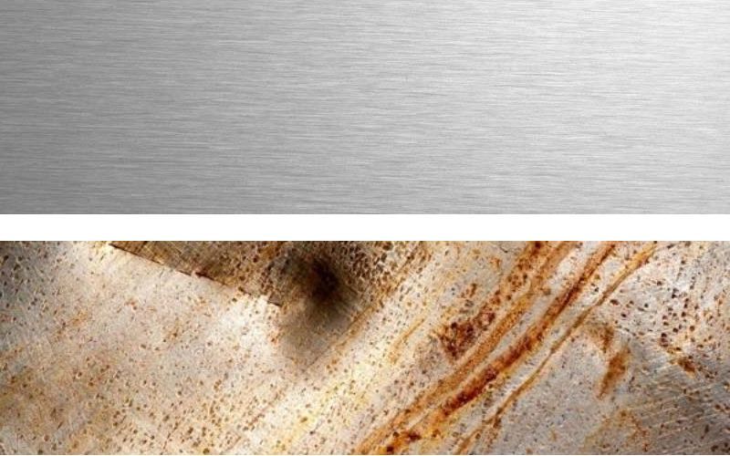 Hiện tượng oxy hóa, rỗ mặt và gỉ sét trên bề mặt vật liệu inox 201 khi tiếp xúc với nước mưa và môi trường ngoài trời.