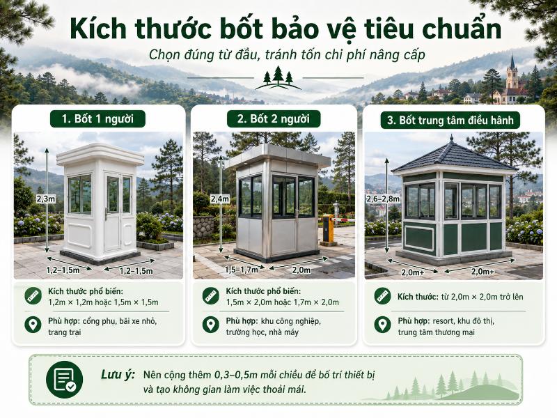 Lựa chọn kích thước bốt bảo vệ hợp lý giúp đảm bảo không gian làm việc thoải mái cho nhân viên trực và khu vực đặt thiết bị.