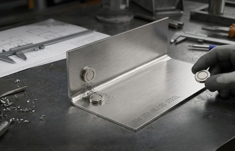 Minh họa hiện tượng nhiễm từ nhẹ của Inox 304 sau khi gia công chấn gấp tạo hình
